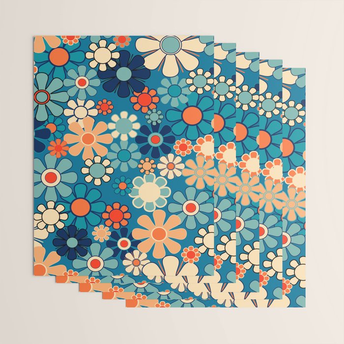 Groovy Blue Retro Garden 60s 70s Aesthetic Floral Pattern with Orange Wrapping Paper Gallery Image 3