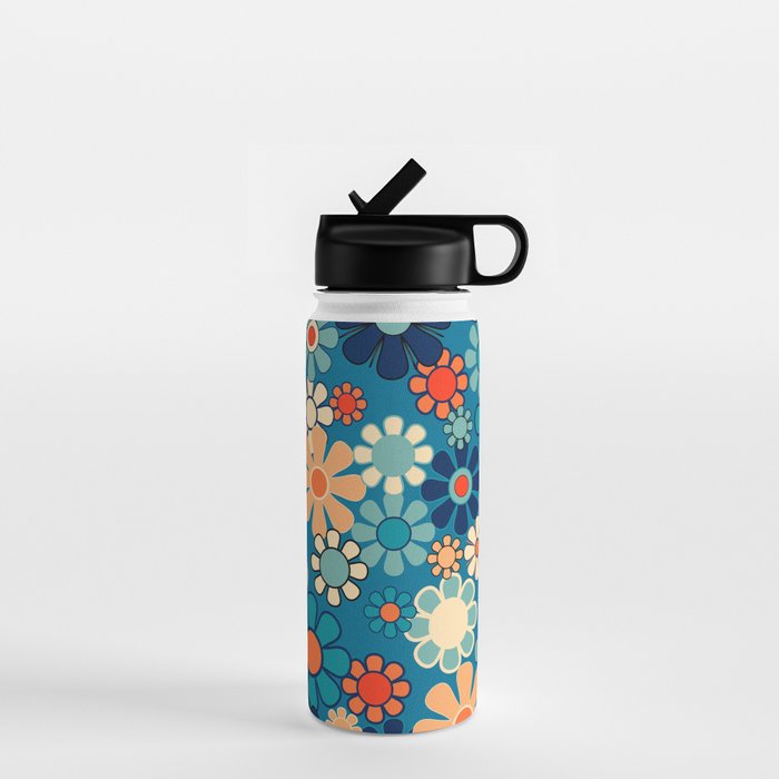 Groovy Blue Retro Garden 60s 70s Aesthetic Floral Pattern with Orange Water Bottle Gallery Image 1