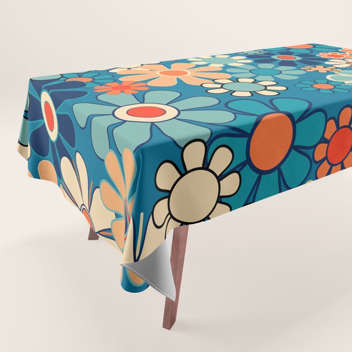 Groovy Blue Retro Garden 60s 70s Aesthetic Floral Pattern with Orange Tablecloth Gallery Image 1