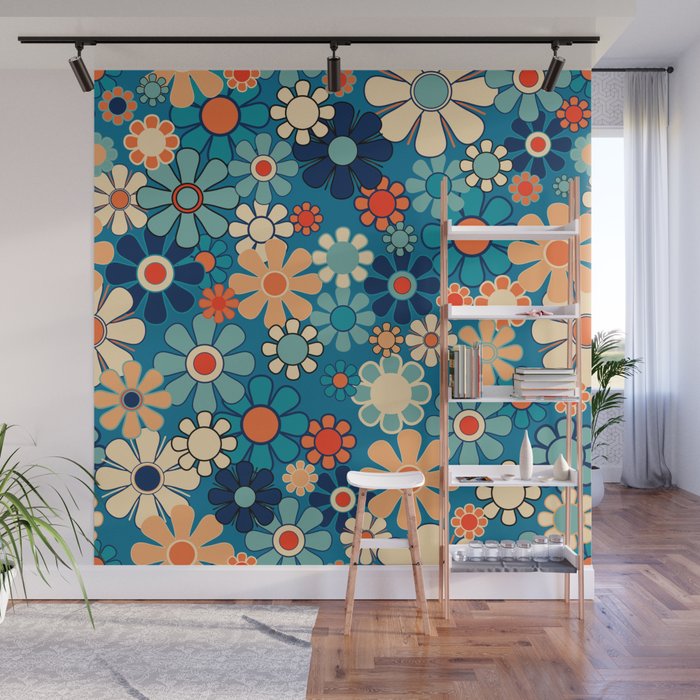 Groovy Blue Retro Garden 60s 70s Aesthetic Floral Pattern with Orange Wall Mural Gallery Image 1