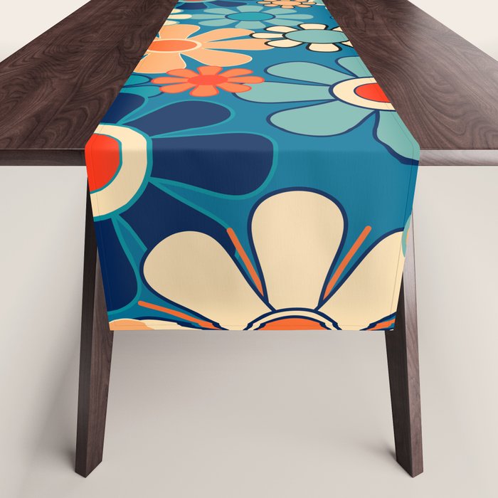 Groovy Blue Retro Garden 60s 70s Aesthetic Floral Pattern with Orange Table Runner Gallery Image 1