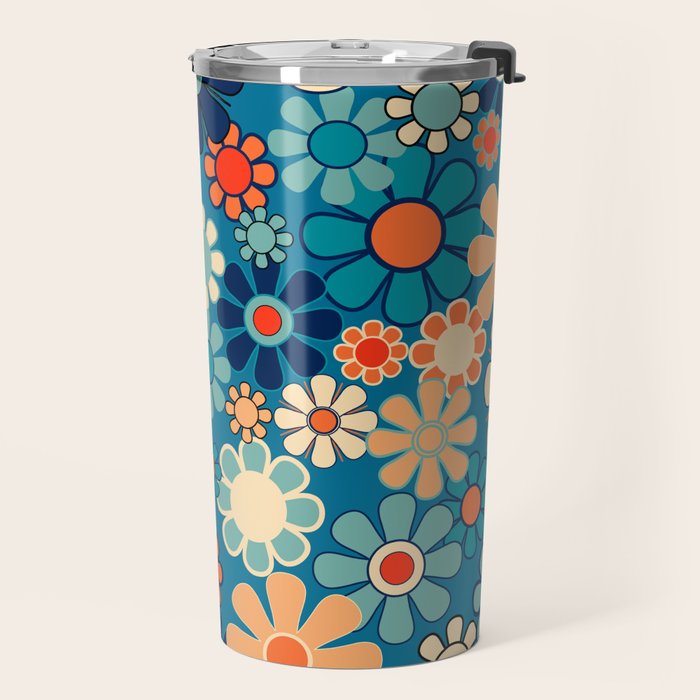 Groovy Blue Retro Garden 60s 70s Aesthetic Floral Pattern with Orange Travel Mug Gallery Image 2