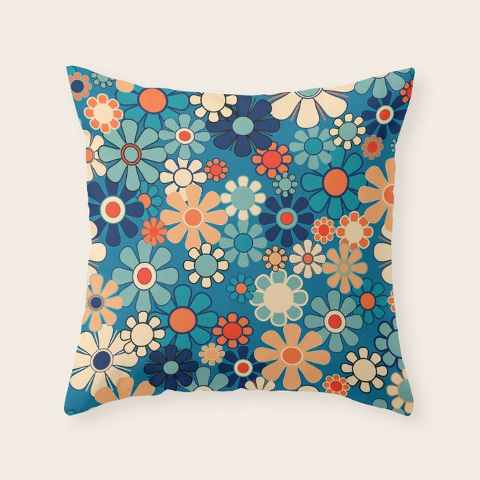 Groovy Blue Retro Garden 60s 70s Aesthetic Floral Pattern with Orange Throw Pillow Gallery Image 2