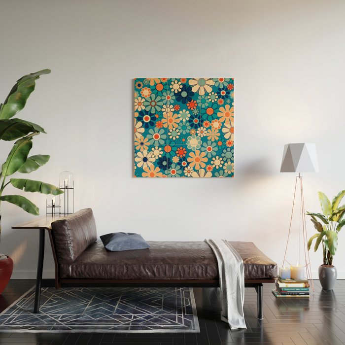 Groovy Blue Retro Garden 60s 70s Aesthetic Floral Pattern with Orange Wood Wall Art Gallery Image 2