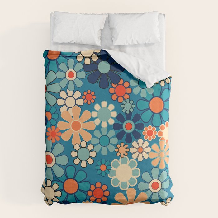 Groovy Blue Retro Garden 60s 70s Aesthetic Floral Pattern with Orange Duvet Cover Gallery Image 6