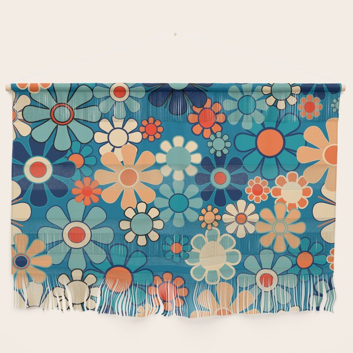 Groovy Blue Retro Garden 60s 70s Aesthetic Floral Pattern with Orange Wall Hanging Gallery Image 1
