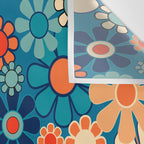 Groovy Blue Retro Garden 60s 70s Aesthetic Floral Pattern with Orange Wall Tapestry Gallery Image 3