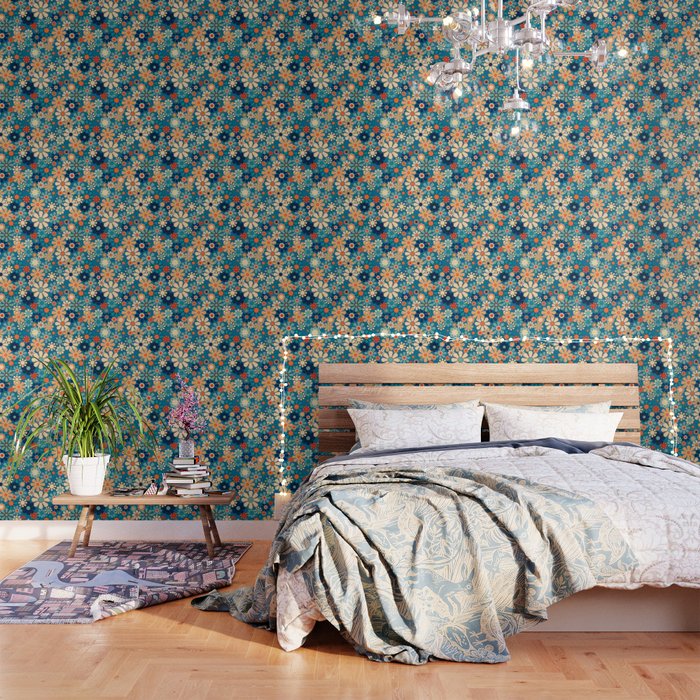 Groovy Blue Retro Garden 60s 70s Aesthetic Floral Pattern with Orange Wallpaper Gallery Image 3