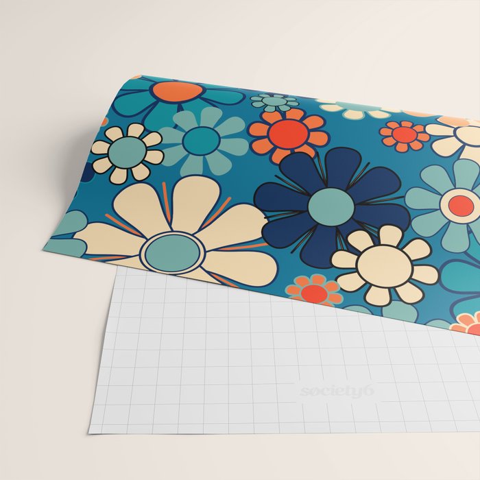Groovy Blue Retro Garden 60s 70s Aesthetic Floral Pattern with Orange Wrapping Paper Gallery Image 2
