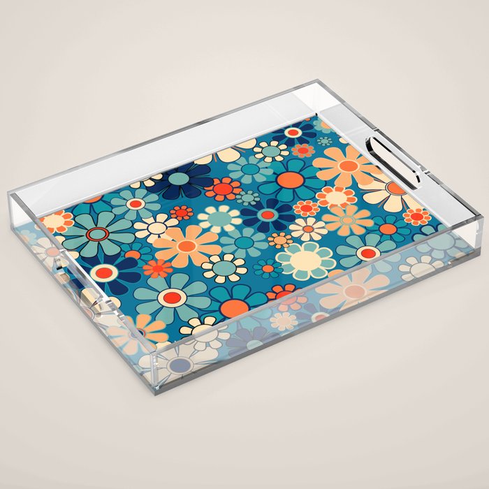 Groovy Blue Retro Garden 60s 70s Aesthetic Floral Pattern with Orange Acrylic Tray Gallery Image 1