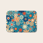 Groovy Blue Retro Garden 60s 70s Aesthetic Floral Pattern with Orange Bath Mat Gallery Image 1