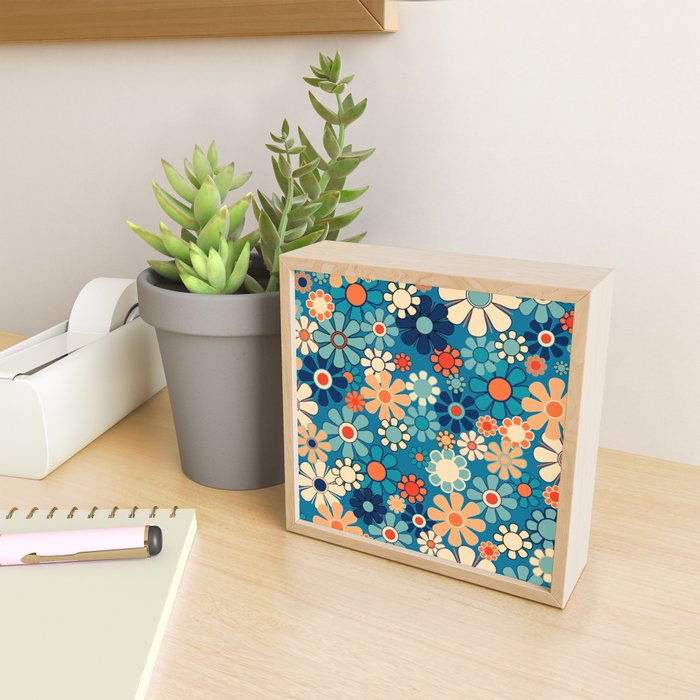 Groovy Blue Retro Garden 60s 70s Aesthetic Floral Pattern with Orange Mini Art Print Gallery Image 2
