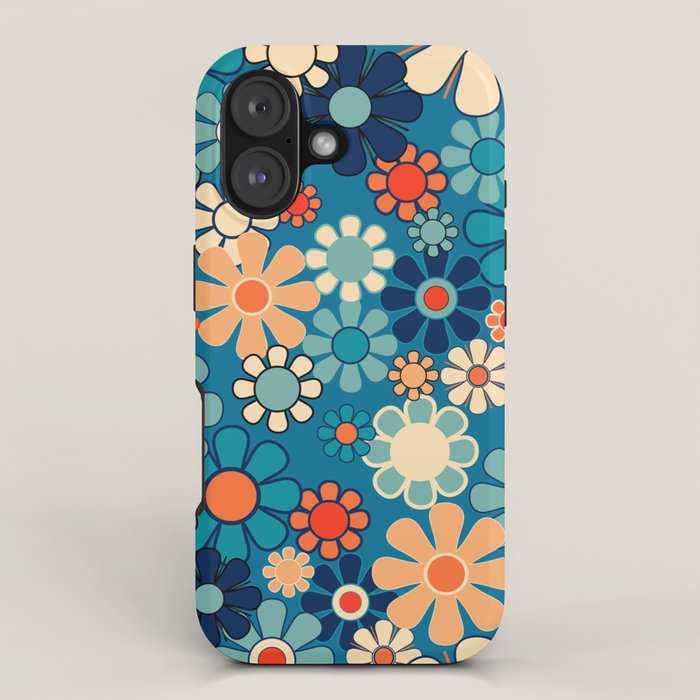 Groovy Blue Retro Garden 60s 70s Aesthetic Floral Pattern with Orange iPhone Case Gallery Image 1