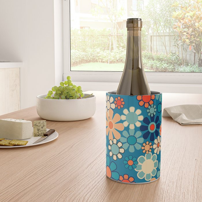 Groovy Blue Retro Garden 60s 70s Aesthetic Floral Pattern with Orange Wine Chiller Gallery Image 4