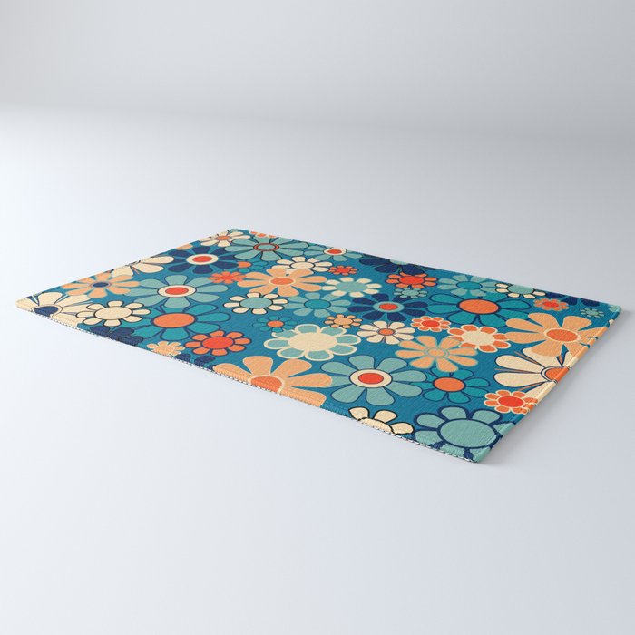 Groovy Blue Retro Garden 60s 70s Aesthetic Floral Pattern with Orange Rug Gallery Image 3