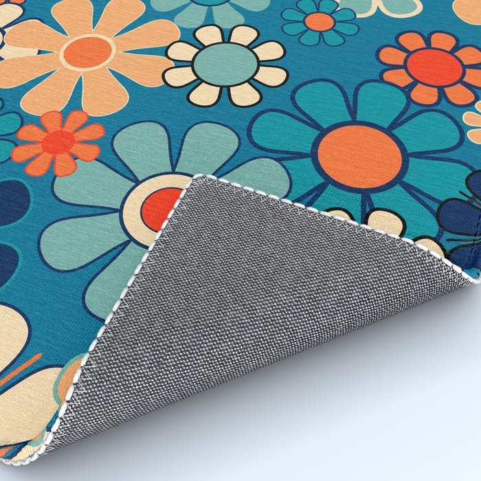 Groovy Blue Retro Garden 60s 70s Aesthetic Floral Pattern with Orange Rug Gallery Image 4