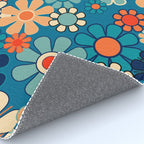 Groovy Blue Retro Garden 60s 70s Aesthetic Floral Pattern with Orange Rug Gallery Image 4
