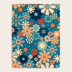 Groovy Blue Retro Garden 60s 70s Aesthetic Floral Pattern with Orange Poster Gallery Image 4