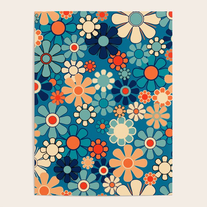 Groovy Blue Retro Garden 60s 70s Aesthetic Floral Pattern with Orange Poster Gallery Image 4