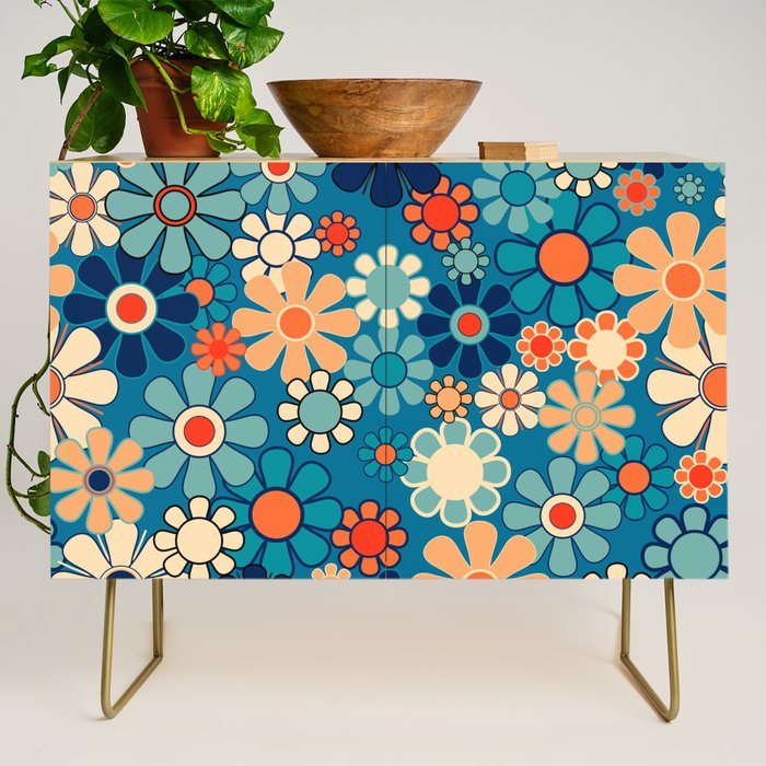 Groovy Blue Retro Garden 60s 70s Aesthetic Floral Pattern with Orange Credenza Gallery Image 1