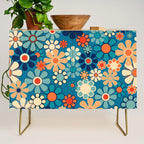Groovy Blue Retro Garden 60s 70s Aesthetic Floral Pattern with Orange Credenza Gallery Image 1