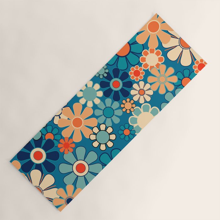 Groovy Blue Retro Garden 60s 70s Aesthetic Floral Pattern with Orange Yoga Mat Gallery Image 1