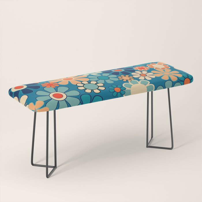 Groovy Blue Retro Garden 60s 70s Aesthetic Floral Pattern with Orange Bench Gallery Image 1