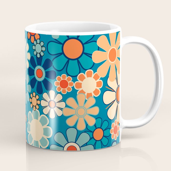 Groovy Blue Retro Garden 60s 70s Aesthetic Floral Pattern with Orange Coffee Mug Gallery Image 1