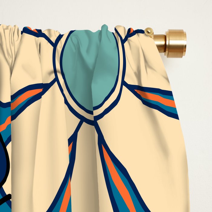 Groovy Blue Retro Garden 60s 70s Aesthetic Floral Pattern with Orange Window Curtain Gallery Image 2