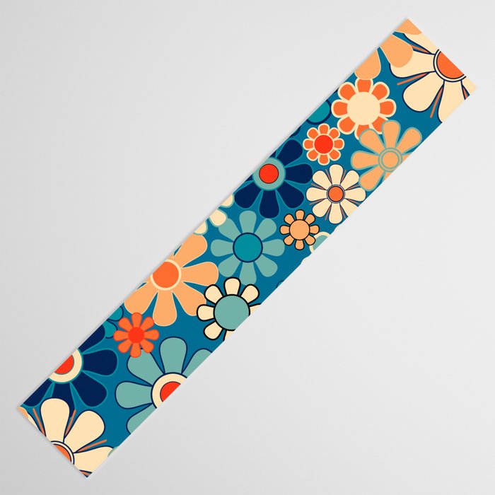 Groovy Blue Retro Garden 60s 70s Aesthetic Floral Pattern with Orange Table Runner Gallery Image 3