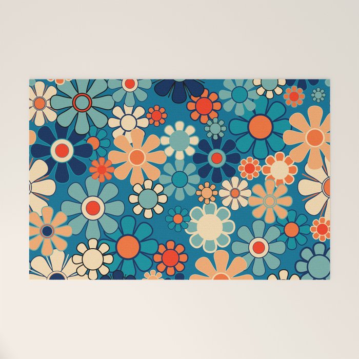 Groovy Blue Retro Garden 60s 70s Aesthetic Floral Pattern with Orange Welcome Mat Gallery Image 1