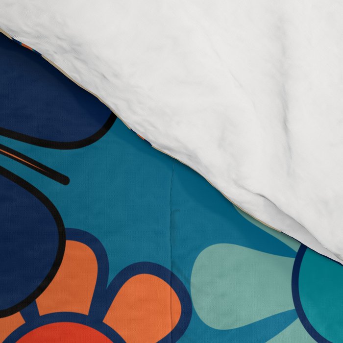 Groovy Blue Retro Garden 60s 70s Aesthetic Floral Pattern with Orange Comforter Gallery Image 4