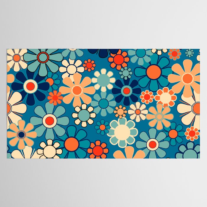 Groovy Blue Retro Garden 60s 70s Aesthetic Floral Pattern with Orange Tablecloth Gallery Image 2