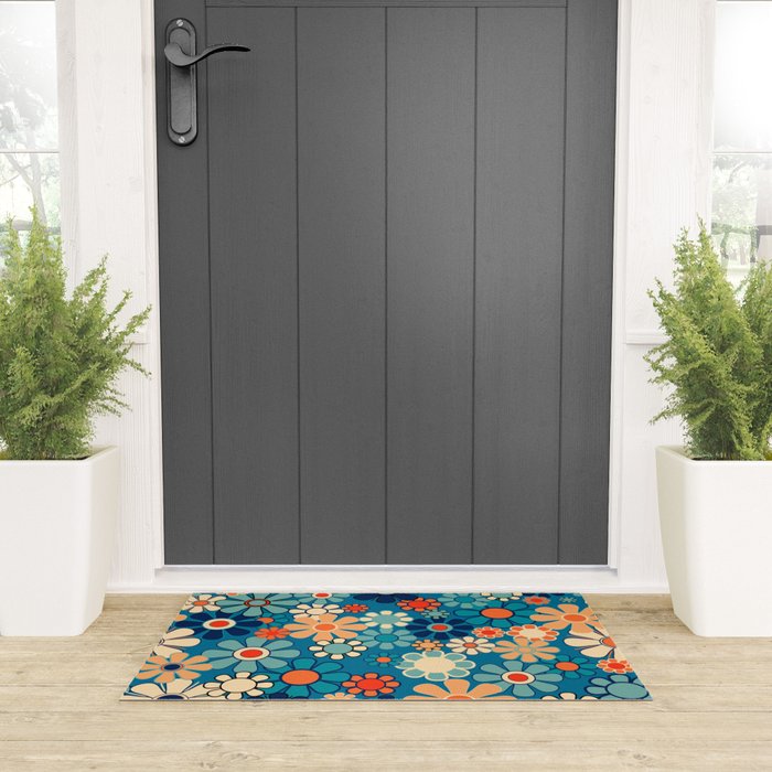 Groovy Blue Retro Garden 60s 70s Aesthetic Floral Pattern with Orange Welcome Mat Gallery Image 3