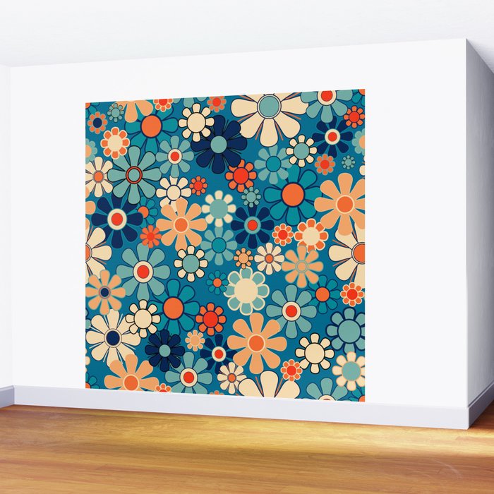 Groovy Blue Retro Garden 60s 70s Aesthetic Floral Pattern with Orange Wall Mural Gallery Image 2