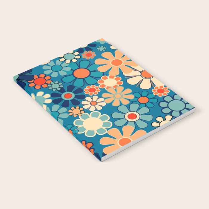 Groovy Blue Retro Garden 60s 70s Aesthetic Floral Pattern with Orange Notebook Gallery Image 2