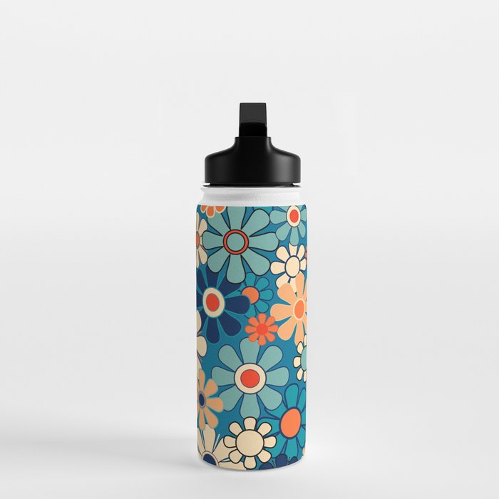 Groovy Blue Retro Garden 60s 70s Aesthetic Floral Pattern with Orange Water Bottle Gallery Image 3