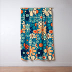 Groovy Blue Retro Garden 60s 70s Aesthetic Floral Pattern with Orange Window Curtain Gallery Image 3