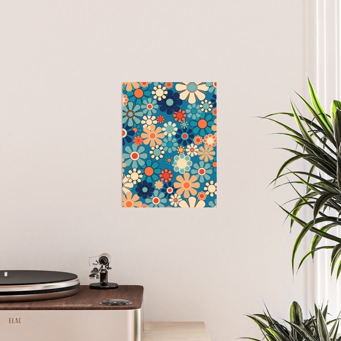 Groovy Blue Retro Garden 60s 70s Aesthetic Floral Pattern with Orange Poster Gallery Image 2