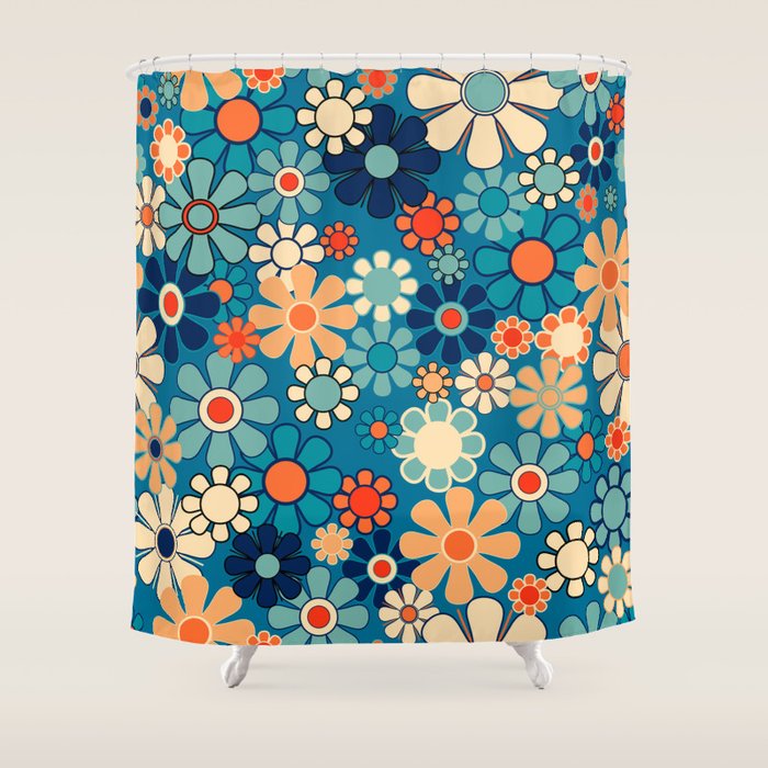 Groovy Blue Retro Garden 60s 70s Aesthetic Floral Pattern with Orange Shower Curtain Gallery Image 1