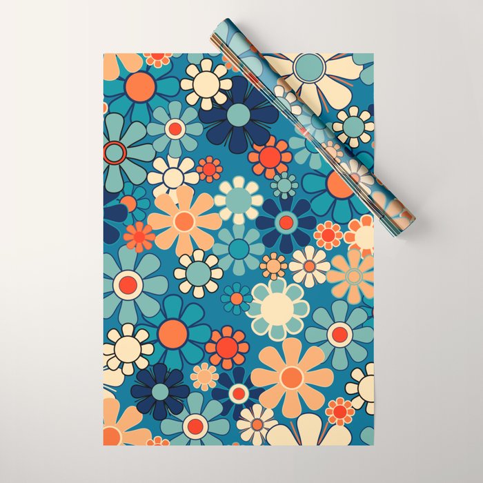 Groovy Blue Retro Garden 60s 70s Aesthetic Floral Pattern with Orange Wrapping Paper Gallery Image 1