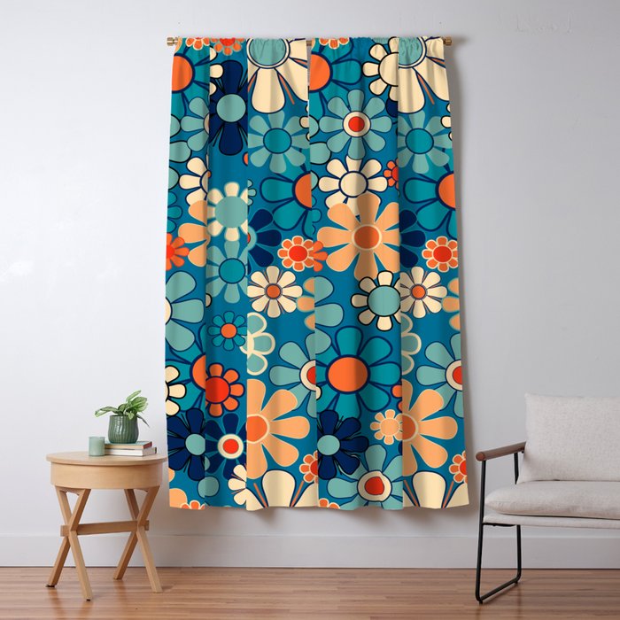 Groovy Blue Retro Garden 60s 70s Aesthetic Floral Pattern with Orange Window Curtain Gallery Image 5