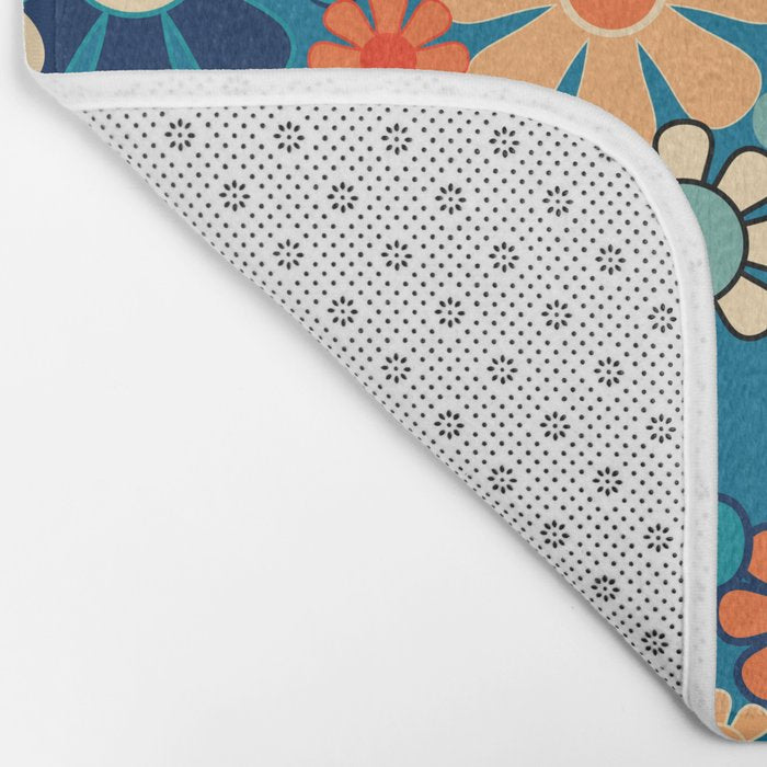 Groovy Blue Retro Garden 60s 70s Aesthetic Floral Pattern with Orange Bath Mat Gallery Image 2