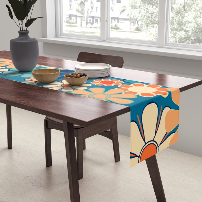 Groovy Blue Retro Garden 60s 70s Aesthetic Floral Pattern with Orange Table Runner Gallery Image 2