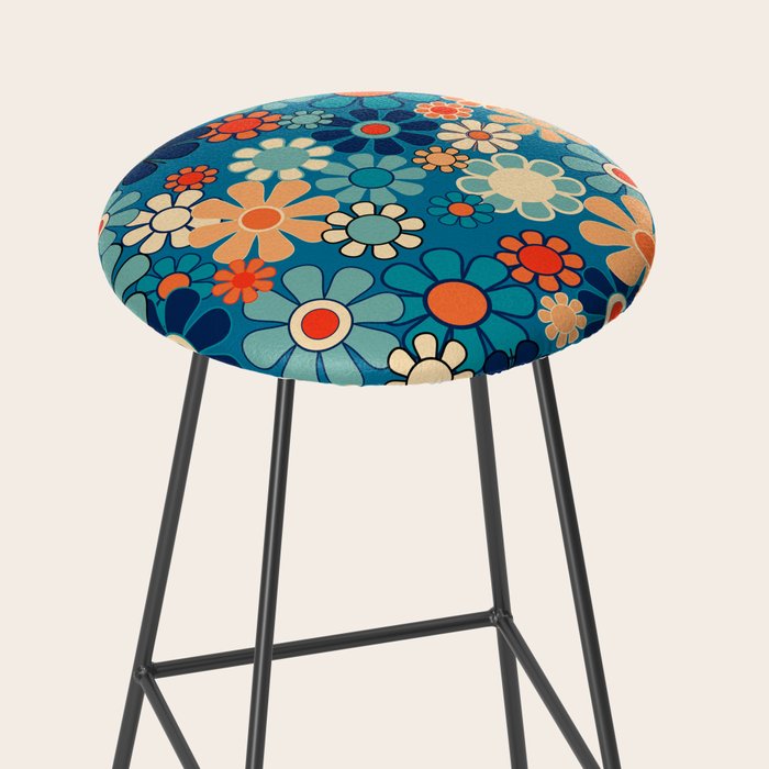 Groovy Blue Retro Garden 60s 70s Aesthetic Floral Pattern with Orange Stool Gallery Image 2