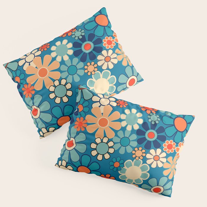 Groovy Blue Retro Garden 60s 70s Aesthetic Floral Pattern with Orange Pillow Sham Gallery Image 3