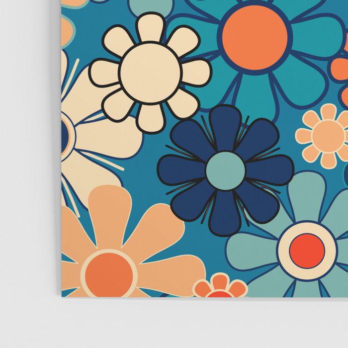 Groovy Blue Retro Garden 60s 70s Aesthetic Floral Pattern with Orange Poster Gallery Image 3