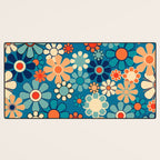 Groovy Blue Retro Garden 60s 70s Aesthetic Floral Pattern with Orange Desk Mat Gallery Image 3
