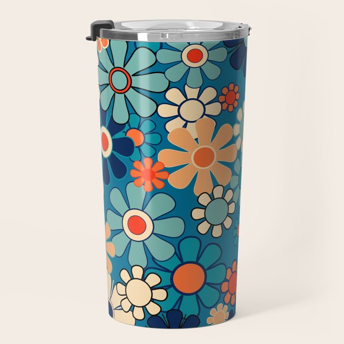 Groovy Blue Retro Garden 60s 70s Aesthetic Floral Pattern with Orange Travel Mug Gallery Image 3