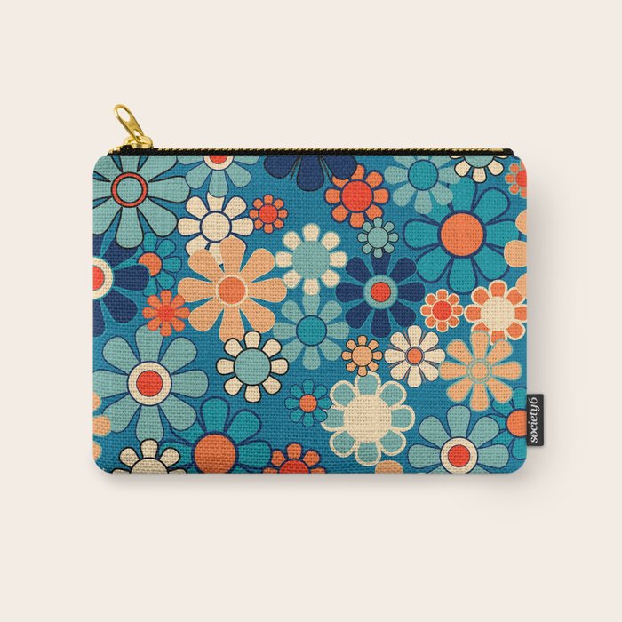 Groovy Blue Retro Garden 60s 70s Aesthetic Floral Pattern with Orange Carry All Pouch Gallery Image 1